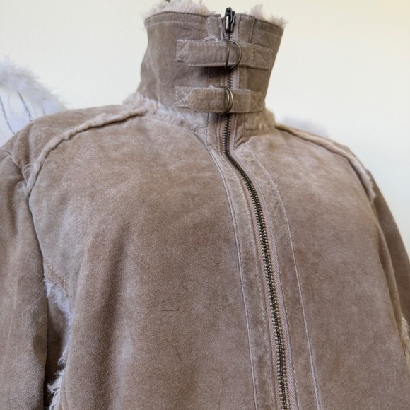 Suede Sherpa Lined Coat Tan Boho Shaggy Penny Lane Chunky Cozy Moto Jacket Y2K - Picture 3 of 8